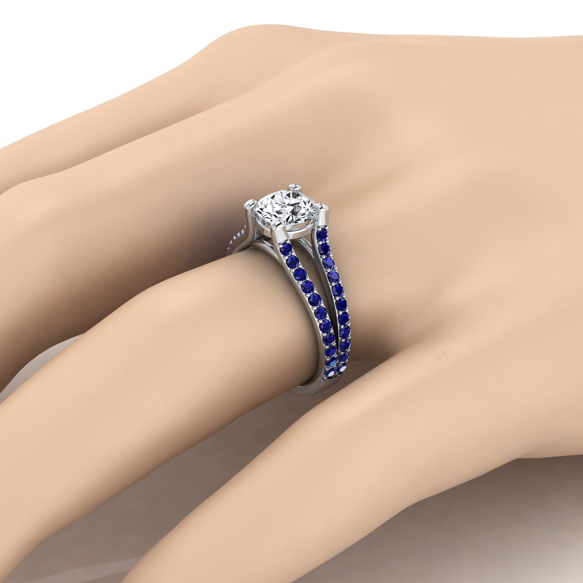 14K White Gold Round Brilliant Prong Set Sapphire Split Shank Engagement Ring