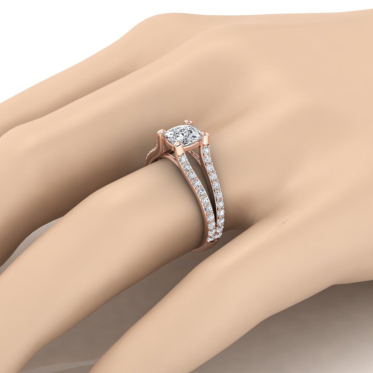 แหวนหมั้นทองคำขาว 14K แบบคุชชั่นพร้อมการตั้งแบบปีกนกและแซฟไฟร์