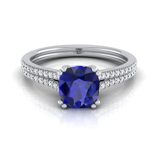 14K White Gold Cushion Sapphire Double Row Double Prong French Pave Diamond Engagement Ring -1/6ctw