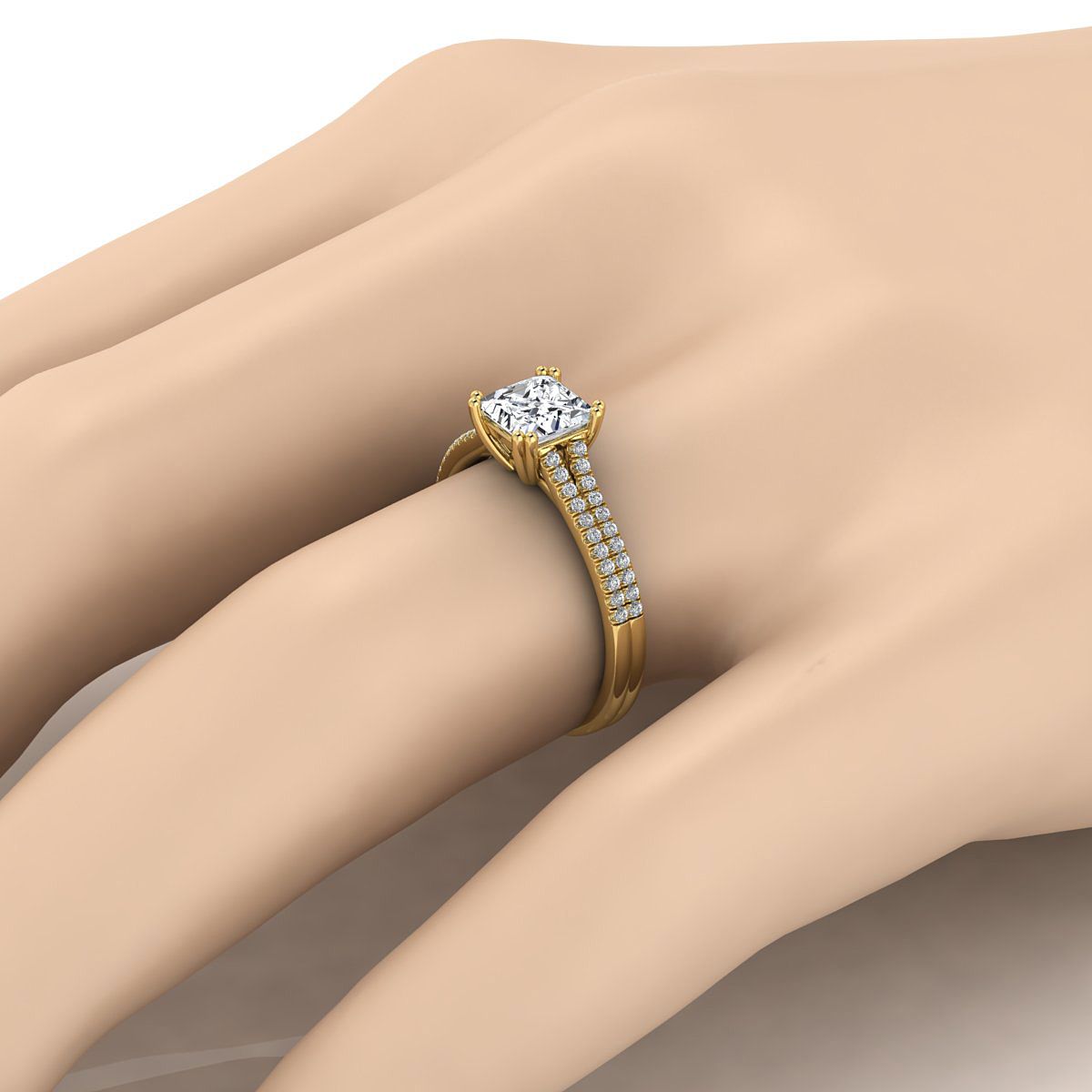 Double Row Double Prong French Pavé Princess, in 18K Yellow Gold, pave setting – detail view | RockHer