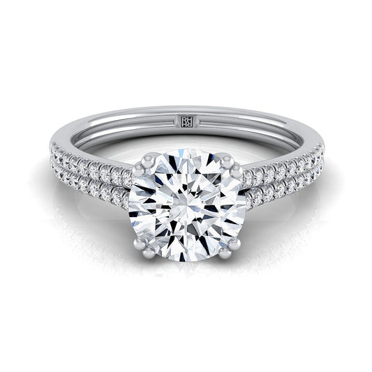 Platinum Round Brilliant Diamond Double Row Double Prong French Pave Engagement Ring -1/6ctw