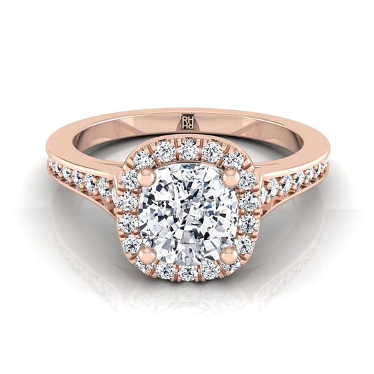 14K Rose Gold Cushion Diamond Classic Halo with Channel French Pave Engagement RIng -1/3ctw