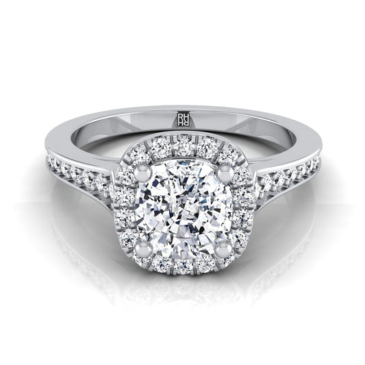 14K White Gold Cushion Diamond Classic Halo with Channel French Pave Engagement RIng -1/3ctw