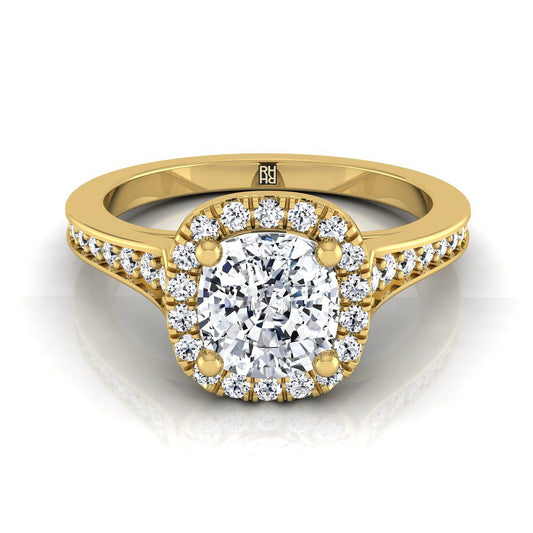 14K Yellow Gold Cushion Diamond Classic Halo with Channel French Pave Engagement RIng -1/3ctw