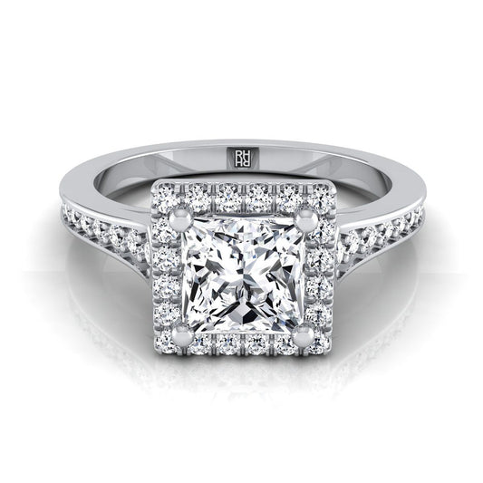 14K White Gold Princess Cut Diamond Classic Halo with Channel French Pave Engagement RIng -1/3ctw