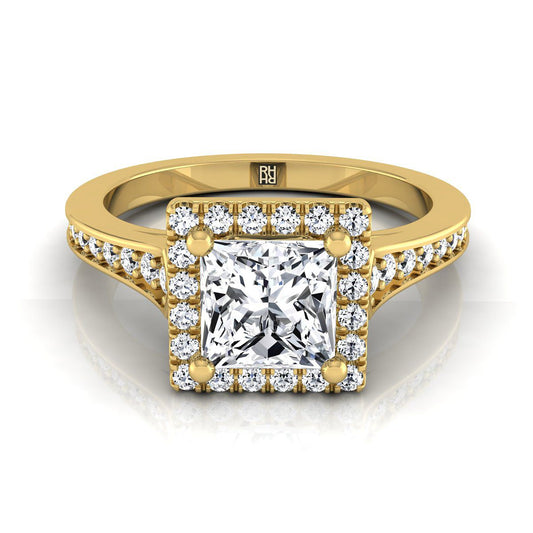 18K Yellow Gold Princess Cut Diamond Classic Halo with Channel French Pave Engagement RIng -1/3ctw