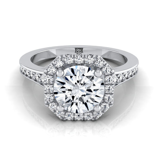 Platinum Round Brilliant Diamond Classic Halo with Channel French Pave Engagement RIng -1/3ctw