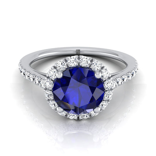 18K White Gold Round Brilliant Sapphire Petite Halo French Diamond Pave Engagement Ring -3/8ctw