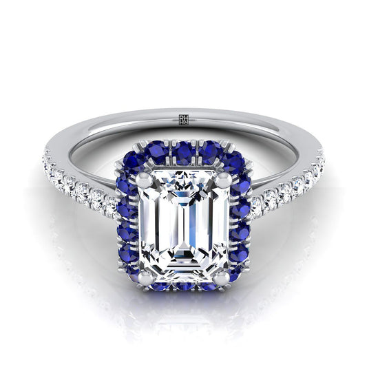 แหวนหมั้นทองคำขาว 14K แบบเพทายตัดทรงมรกต พร้อมเพชรฝรั่งเศสแบบฮาโลขนาดเล็ก ประมาณ 1/5 กะรัต