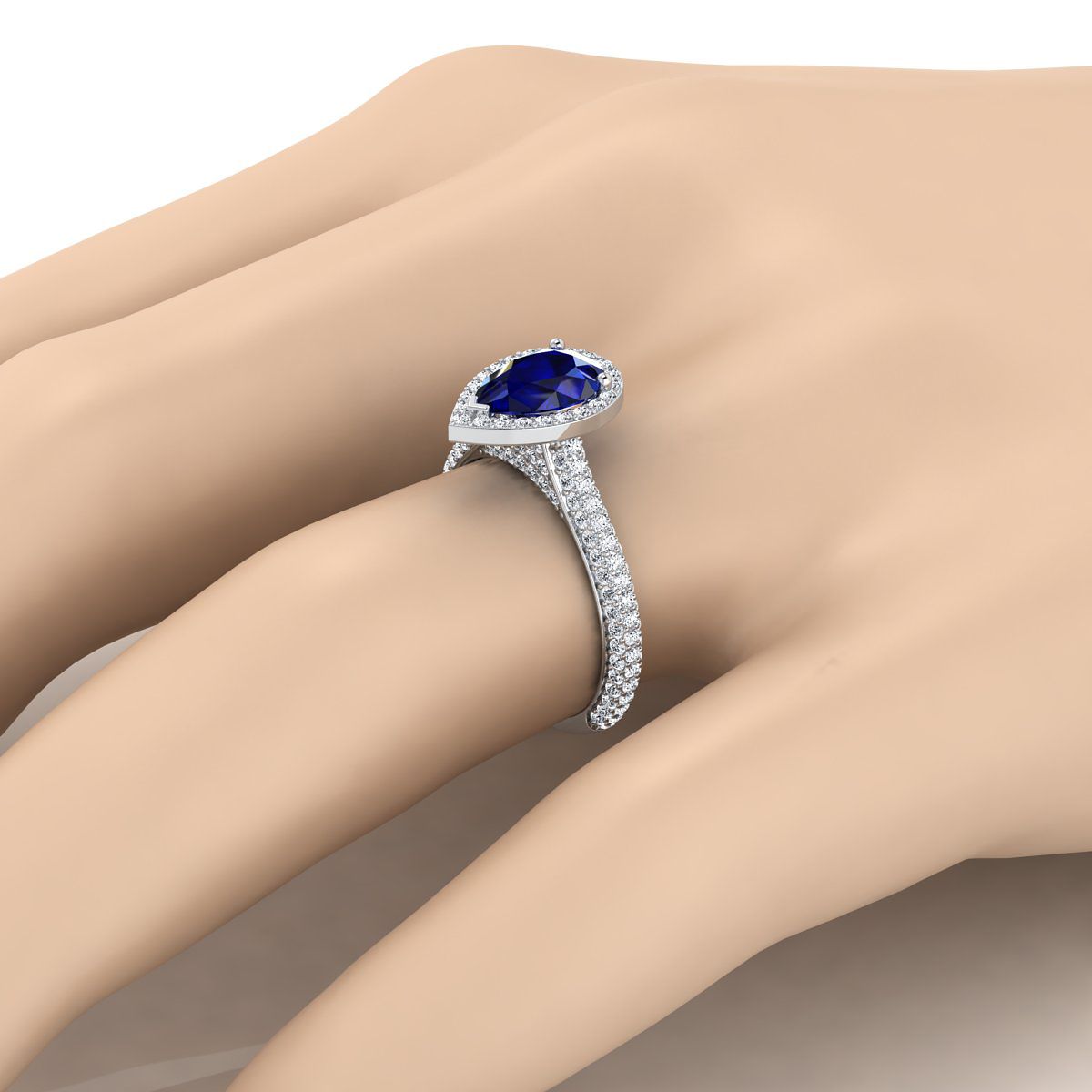 Platinum Pear Shape Center Sapphire Micro-Pavé Halo With Pave Side Diamond Engagement Ring -7/8ctw
