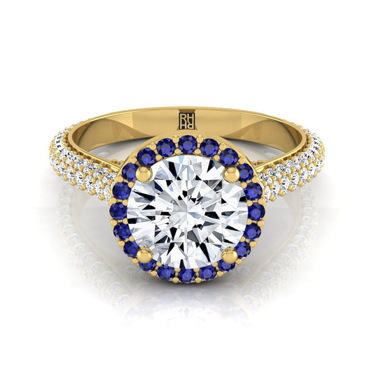18K Yellow Gold Round Brilliant Micro-Pavé Halo With Pave Side Diamond Engagement Ring -7/8ctw