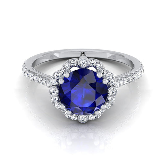 14K White Gold Round Brilliant Sapphire Ornate Diamond Halo Vintage Inspired Engagement Ring -1/4ctw