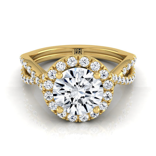 18K Yellow Gold Round Brilliant Diamond Twisted Scalloped Pavé Halo Center Engagement Ring -1/2ctw