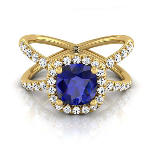 18K Yellow Gold Cushion Sapphire Open Criss Cross French Pave Diamond Engagement Ring -1/2ctw