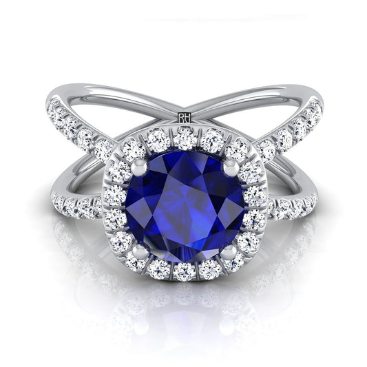 Platinum Round Brilliant Sapphire Open Criss Cross French Pave Diamond Engagement Ring -1/2ctw