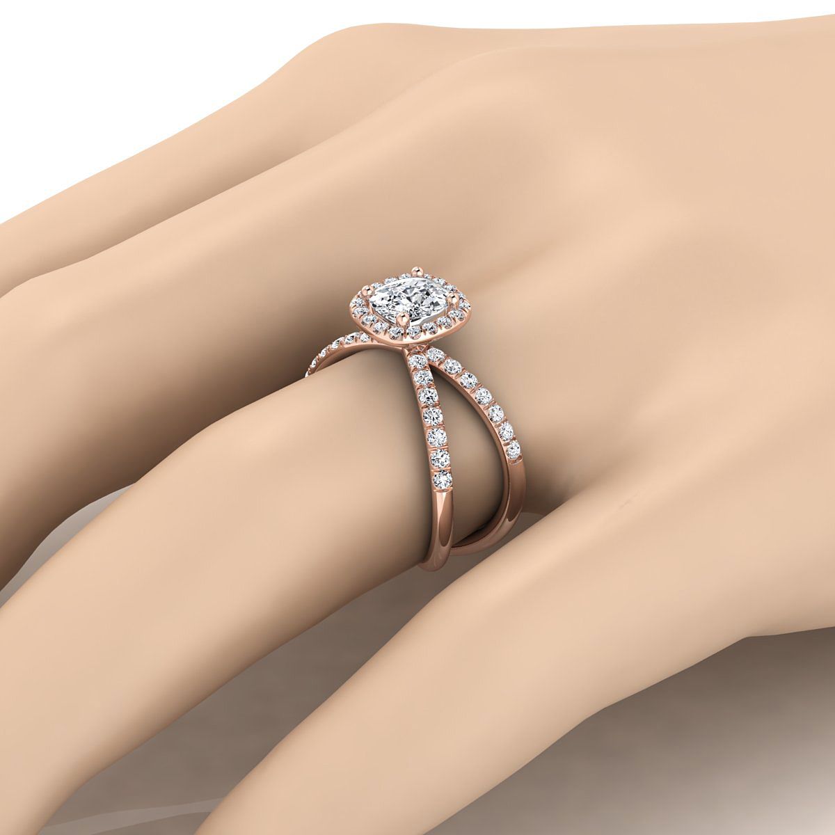 Criss Cross Pavé Halo Cushion, in 14K Rose Gold, pave setting – detail view | RockHer