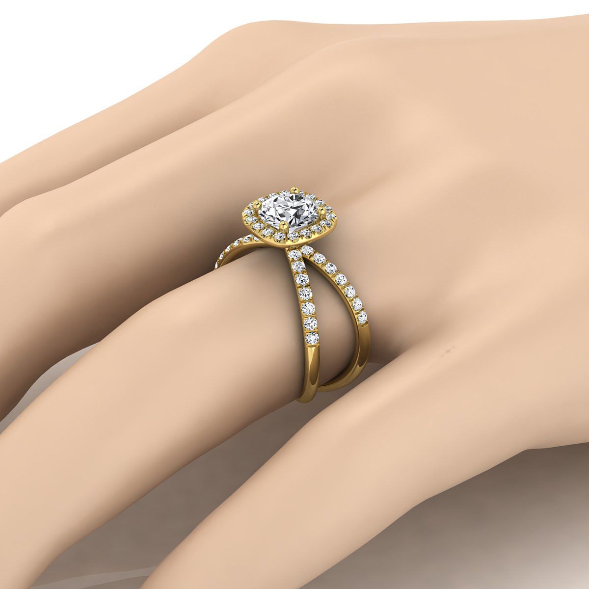 Round Brilliant, Criss Cross Pavé Halo, in 18K Yellow Gold, pave setting – detail view | RockHer