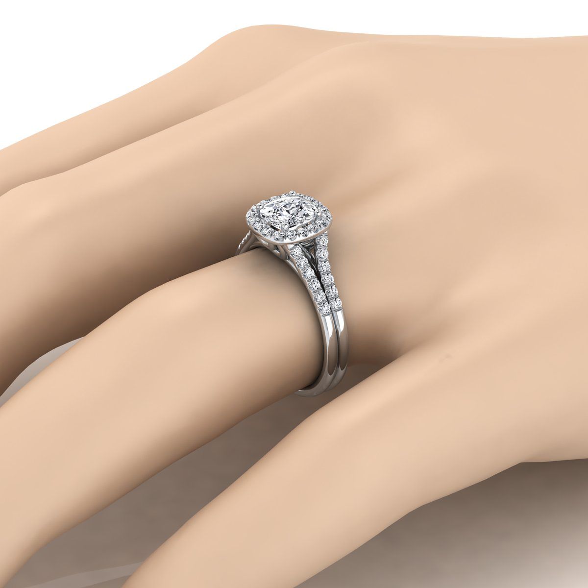 Double Row Split Shank Halo Cushion, in Platinum, pave setting – detail view | RockHer
