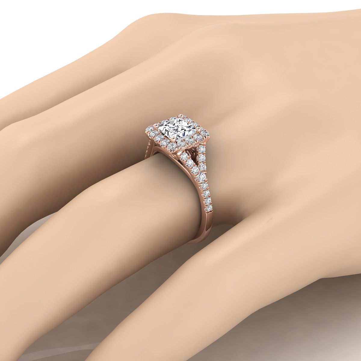 Prong Halo Split Shank Princess, in 14K Rose Gold, pave setting – detail view | RockHer