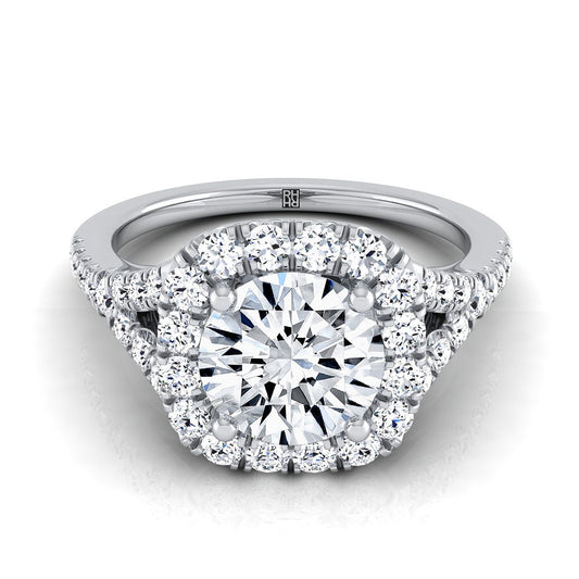 14K White Gold Round Brilliant Diamond Simple Prong Halo Split Shank Engagement Ring -1/2ctw