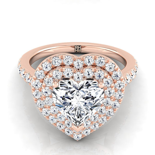 14K Rose Gold Heart Shape Center Double Pave Halo with Linear Diamond Engagement Ring -7/8ctw