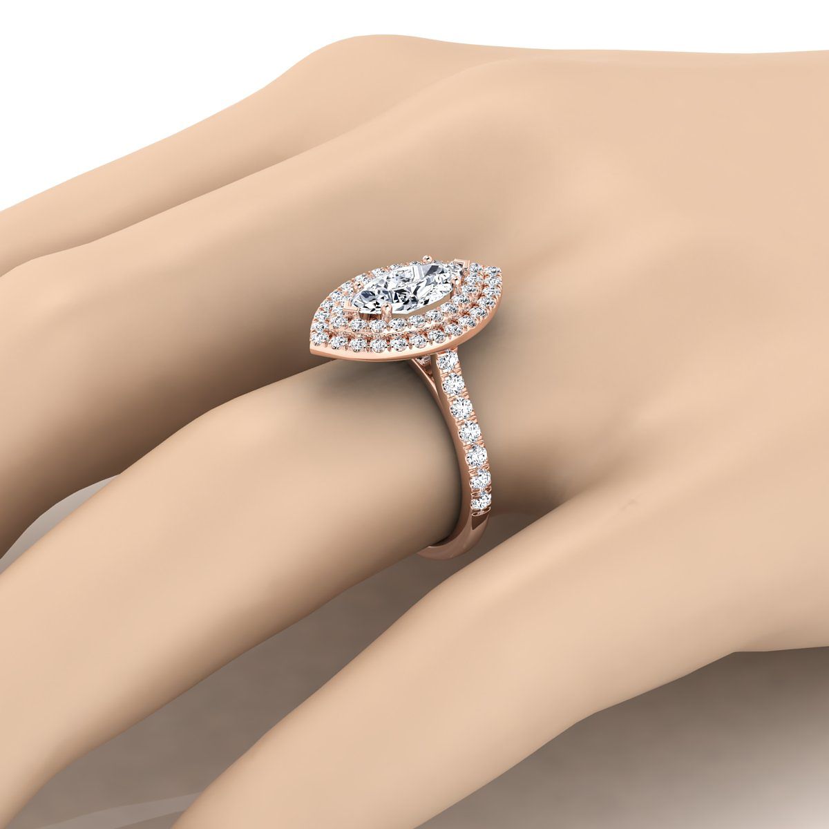 Double Pavé Halo Linear Band Marquise, in 14K Rose Gold, pave setting – detail view | RockHer