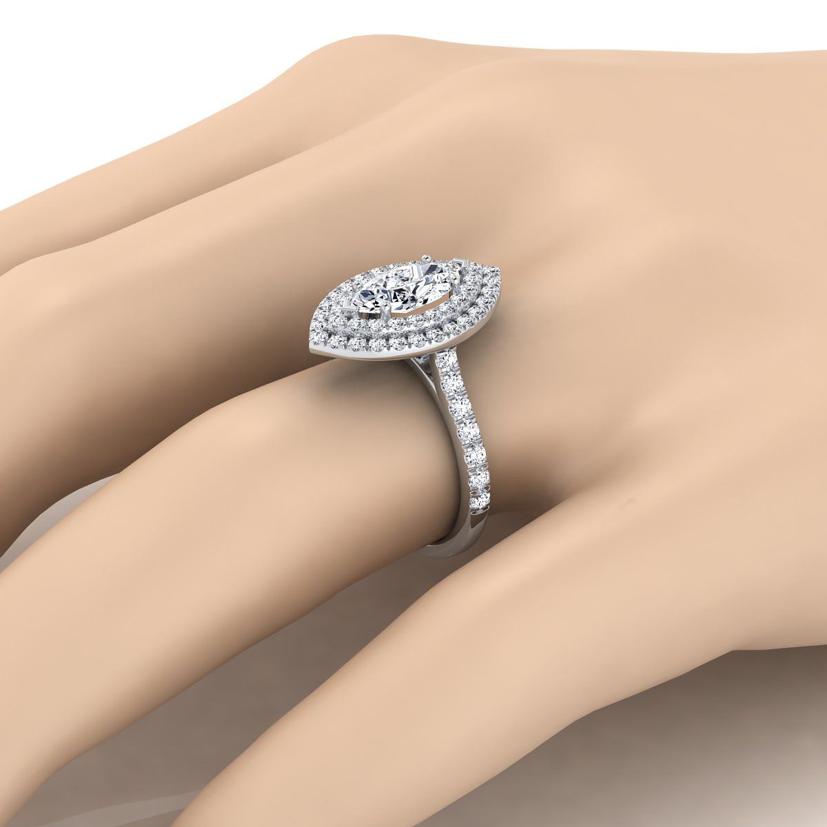 Double Pavé Halo Linear Band Marquise, in Platinum, pave setting – detail view | RockHer