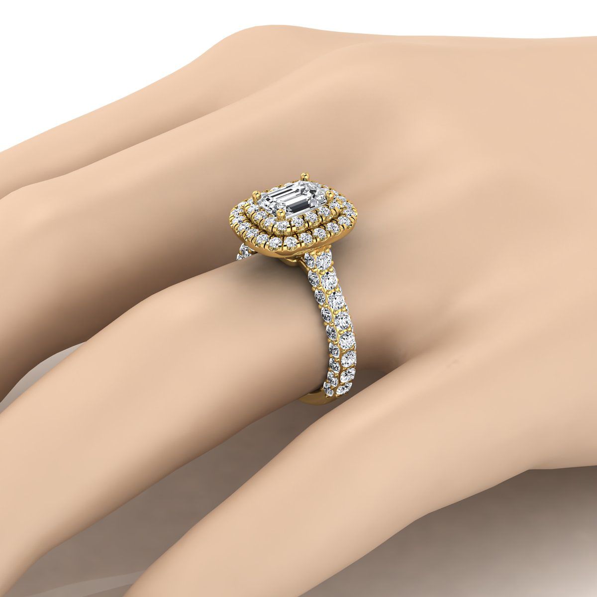 European Cut, Bold Double Halo Emerald, in 18K Yellow Gold, pave setting – detail view | RockHer