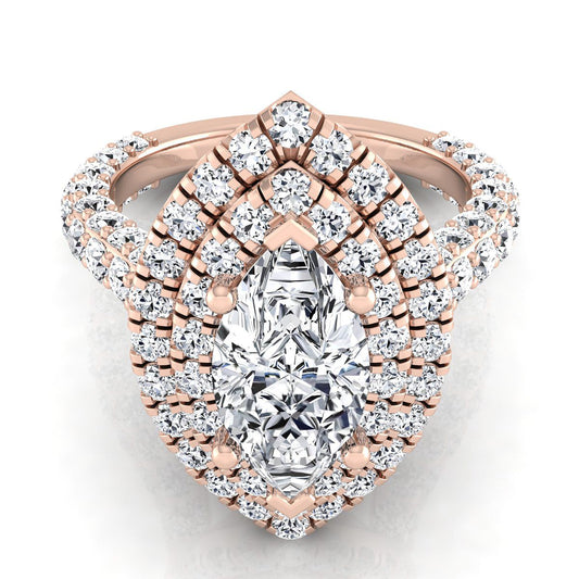 14K Rose Gold Marquise Diamond Bold and Fancy Double Halo French Pave Engagement Ring -2ctw