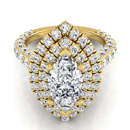 14K Yellow Gold Marquise Diamond Bold and Fancy Double Halo French Pave Engagement Ring -2ctw