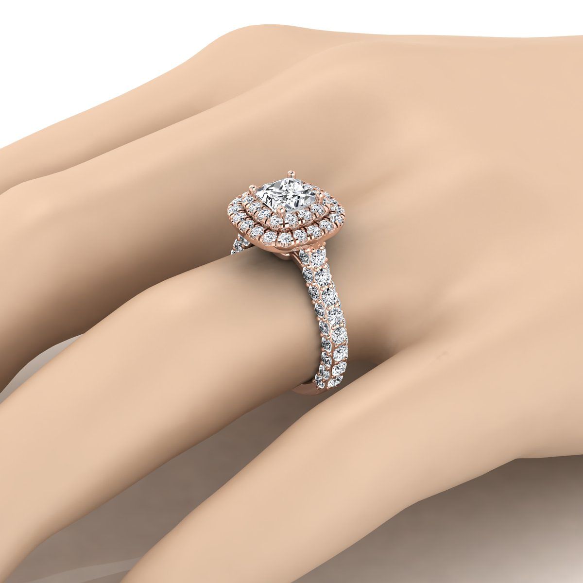 Bold Double Halo Princess, in 14K Rose Gold, pave setting – detail view | RockHer