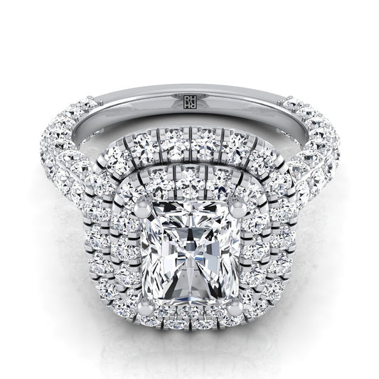 Platinum Radiant Cut Center Diamond Bold and Fancy Double Halo French Pave Engagement Ring -2ctw
