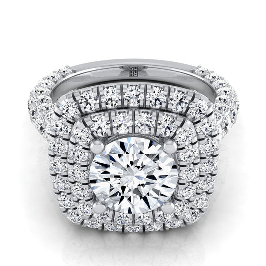 18K White Gold Round Brilliant Diamond Bold and Fancy Double Halo French Pave Engagement Ring -2ctw