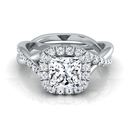 14K White Gold Princess Cut Diamond Twisted Scalloped Pavé Halo Center Engagement Ring -3/8ctw