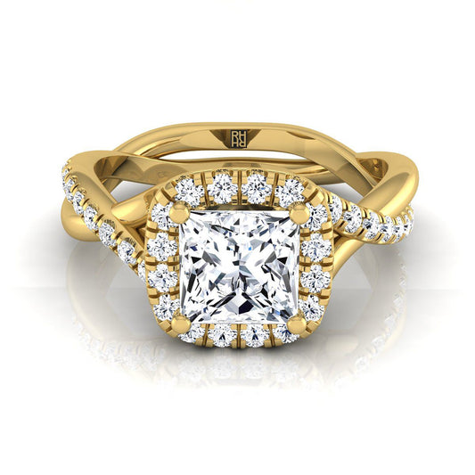 14K Yellow Gold Princess Cut Diamond Twisted Scalloped Pavé Halo Center Engagement Ring -3/8ctw