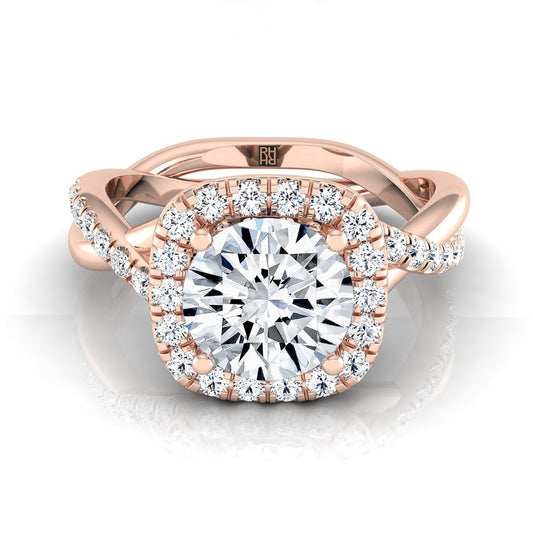 14K Rose Gold Round Brilliant Diamond Twisted Scalloped Pavé Halo Center Engagement Ring -3/8ctw