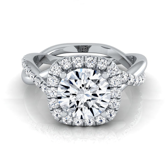 Platinum Round Brilliant Diamond Twisted Scalloped Pavé Halo Center Engagement Ring -3/8ctw