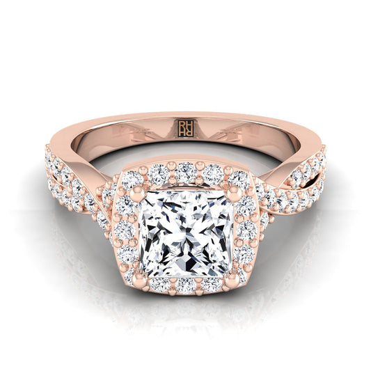 Twisted Square Pavé Halo Princess, in 14K Rose Gold, pave setting | RockHer