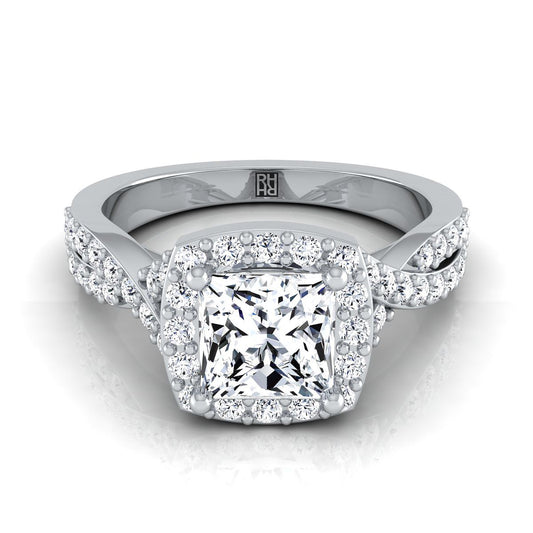 14K White Gold Princess Cut Diamond Twisted Scalloped Pavé Halo Center Engagement Ring -3/8ctw