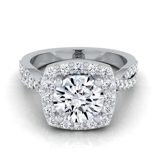 Platinum Round Brilliant Diamond Twisted Scalloped Pavé Halo Center Engagement Ring -3/8ctw