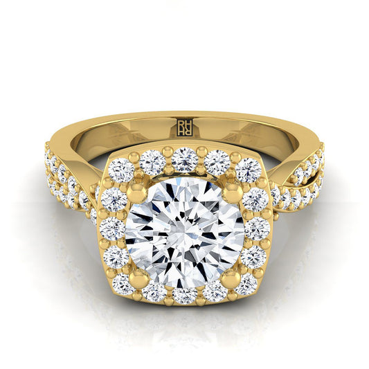 14K Yellow Gold Round Brilliant Diamond Twisted Scalloped Pavé Halo Center Engagement Ring -3/8ctw