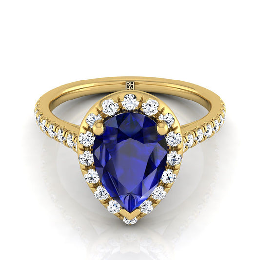 18K Yellow Gold Pear Shape Center Classic French Pave Halo and Linear Engagement Ring -3/8ctw