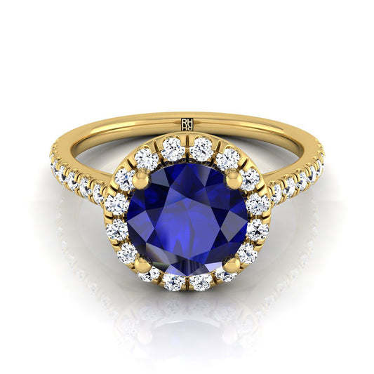 18K Yellow Gold Round Brilliant Classic French Pave Halo and Linear Engagement Ring -3/8ctw