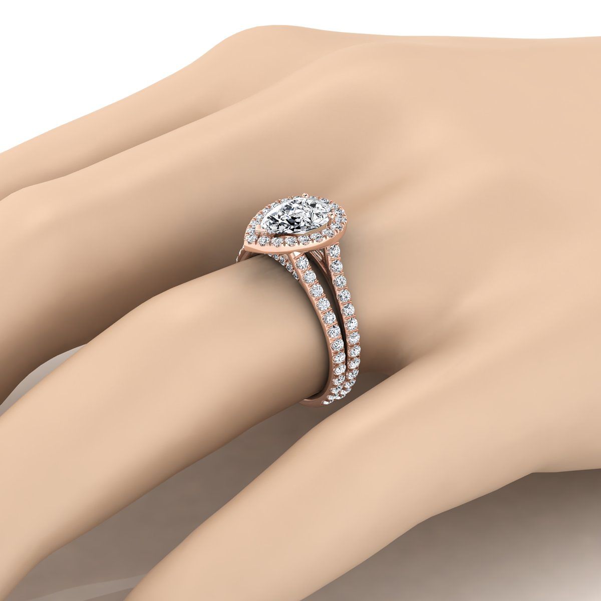 Two Row Pavé Split Shank Halo Pear Shape, in 14K Rose Gold, pave setting – detail view | RockHer
