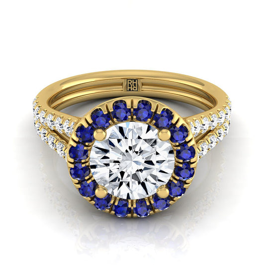 14K Yellow Gold Round Brilliant French Pave Split Shank Diamond Halo Engagement Ring -3/8ctw