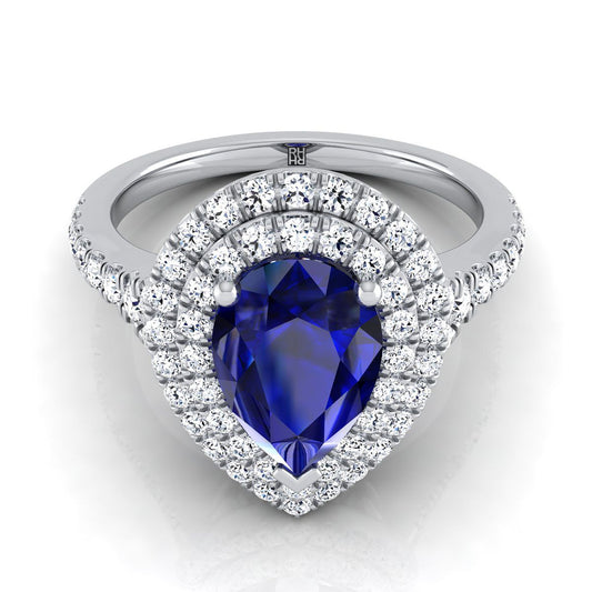 Platinum Pear Shape Center Sapphire Double Halo with Scalloped Pavé Diamond Engagement Ring -1/2ctw