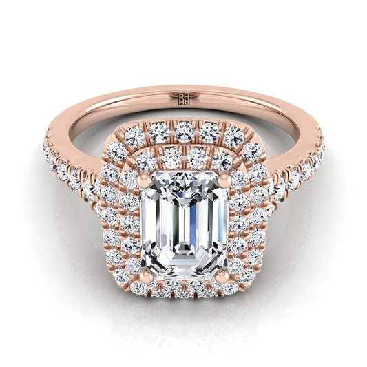 European Cut, Double Scalloped Pavé Halo Emerald, in 14K Rose Gold, pave setting | RockHer