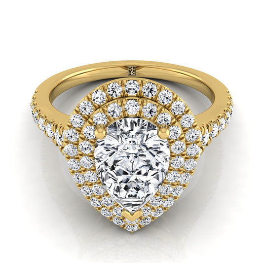 18K Yellow Gold Pear Shape Center Diamond Double Halo Scalloped Pavé Engagement Ring -1/2ctw