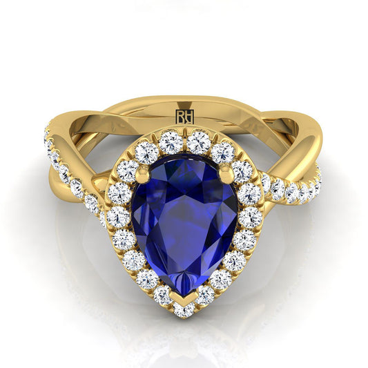 14K Yellow Gold Pear Shape Center Sapphire Twisted Vine Diamond Halo Engagement Ring -1/2ctw