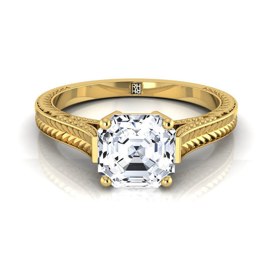 14K Yellow Gold Asscher Cut Hand Engraved Vintage Cathedral Style Solitaire Engagement Ring